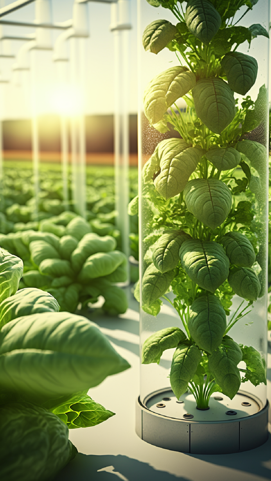 Lettuce and spinach growing in a vertical hydroponic tube placed in a hydroponic farm with a lot of other such tubes in the background