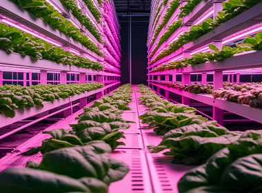 Hydroponic Farm with green leafy vegetables growing under growth lights and controlled environment  