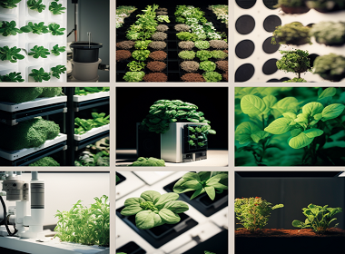 collage of hydroponic systems with green lefy vegetables and herbs growing on the system looking futuristic
